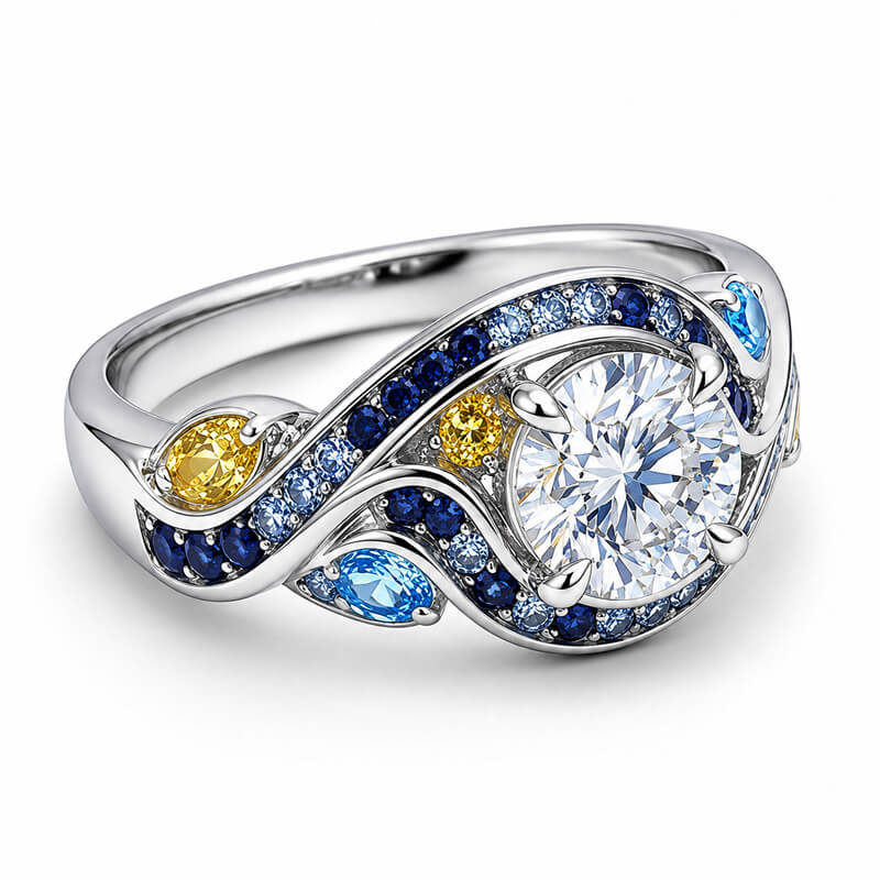 Starry Night Inspired Moissanite Blue & Yellow Sapphire Swirl Engagement Ring