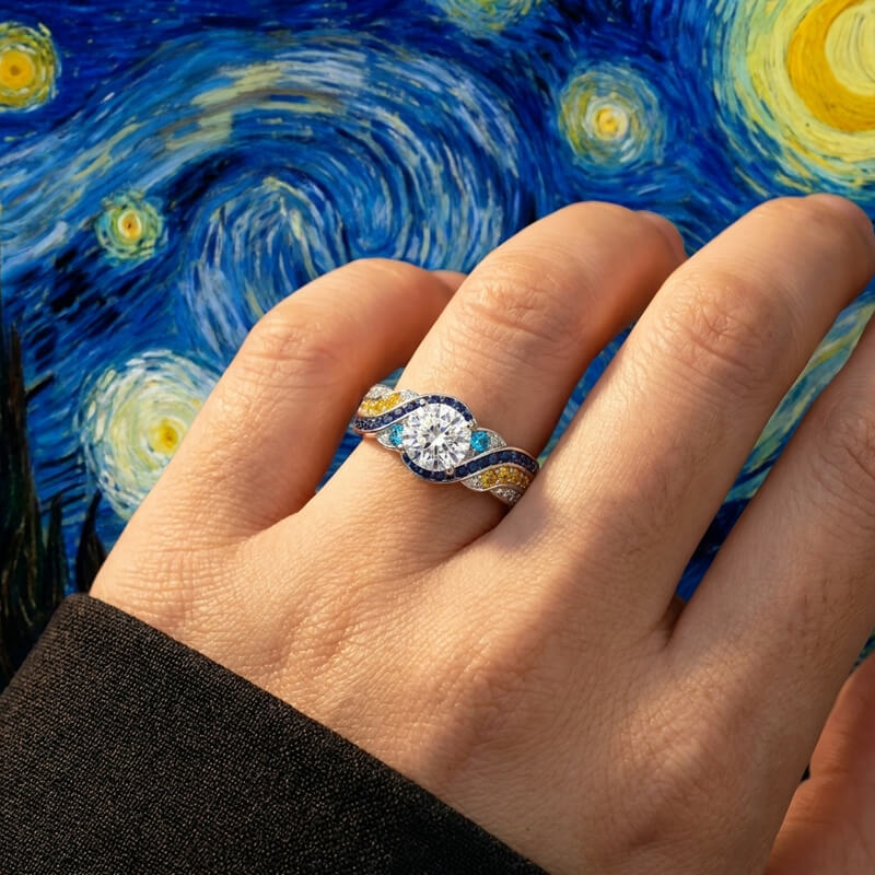 Starry Night Moissanite Artistic Swirl Accent Engagement Ring