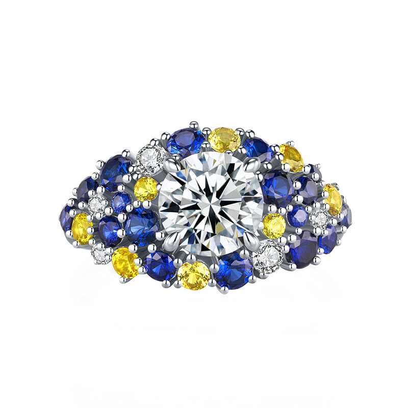 "Starry Night" Moissanite Blue & Yellow Sapphire Cluster  Engagement Ring