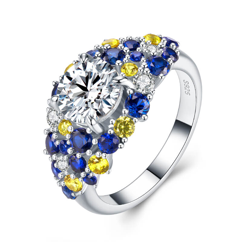 "Starry Night" Moissanite Blue & Yellow Sapphire Cluster  Engagement Ring