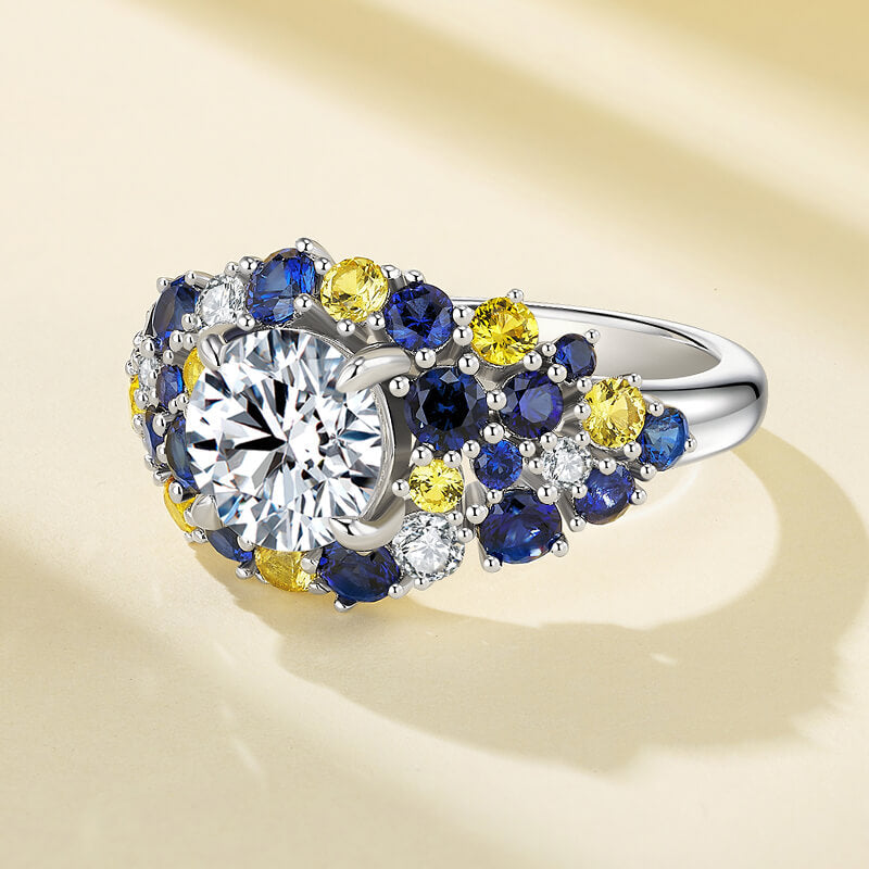 "Starry Night" Moissanite Blue & Yellow Sapphire Cluster  Engagement Ring