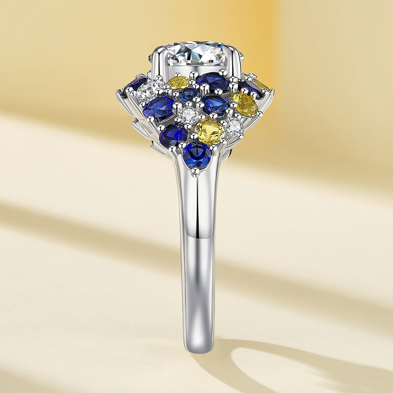 "Starry Night" Moissanite Blue & Yellow Sapphire Cluster  Engagement Ring