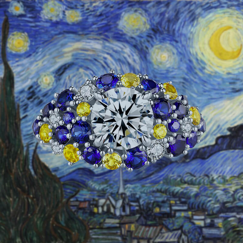 "Starry Night" Moissanite Blue & Yellow Sapphire Cluster  Engagement Ring
