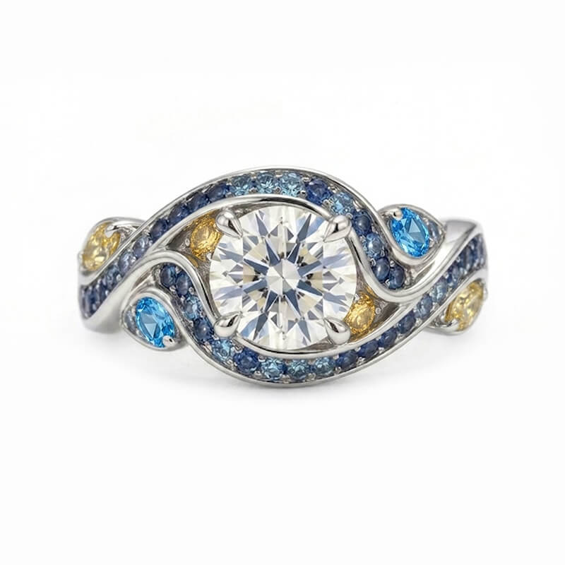 Starry Night Inspired Moissanite Blue & Yellow Sapphire Swirl Engagement Ring