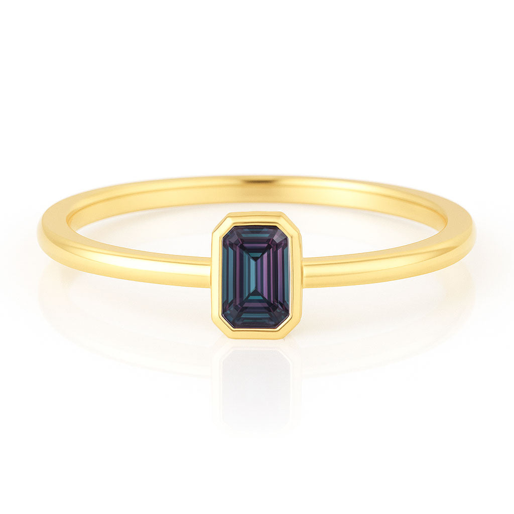 Step Cut Emerald Cut Alexandrite Stacking Bezel Set Solitaire Promise Ring