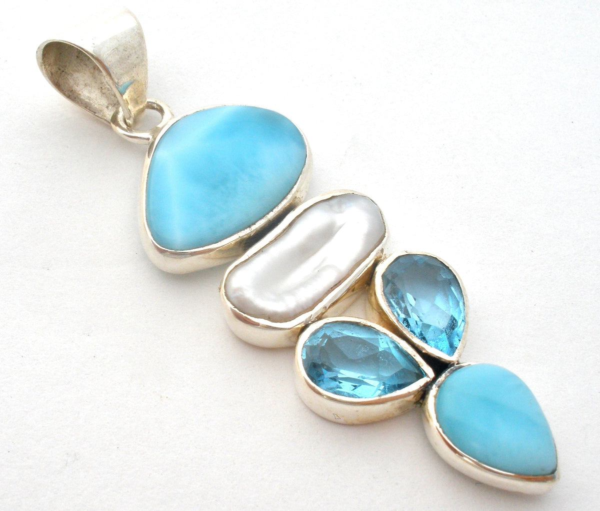 Sterling Blue Topaz Larimar & Pearl Pendant Arya