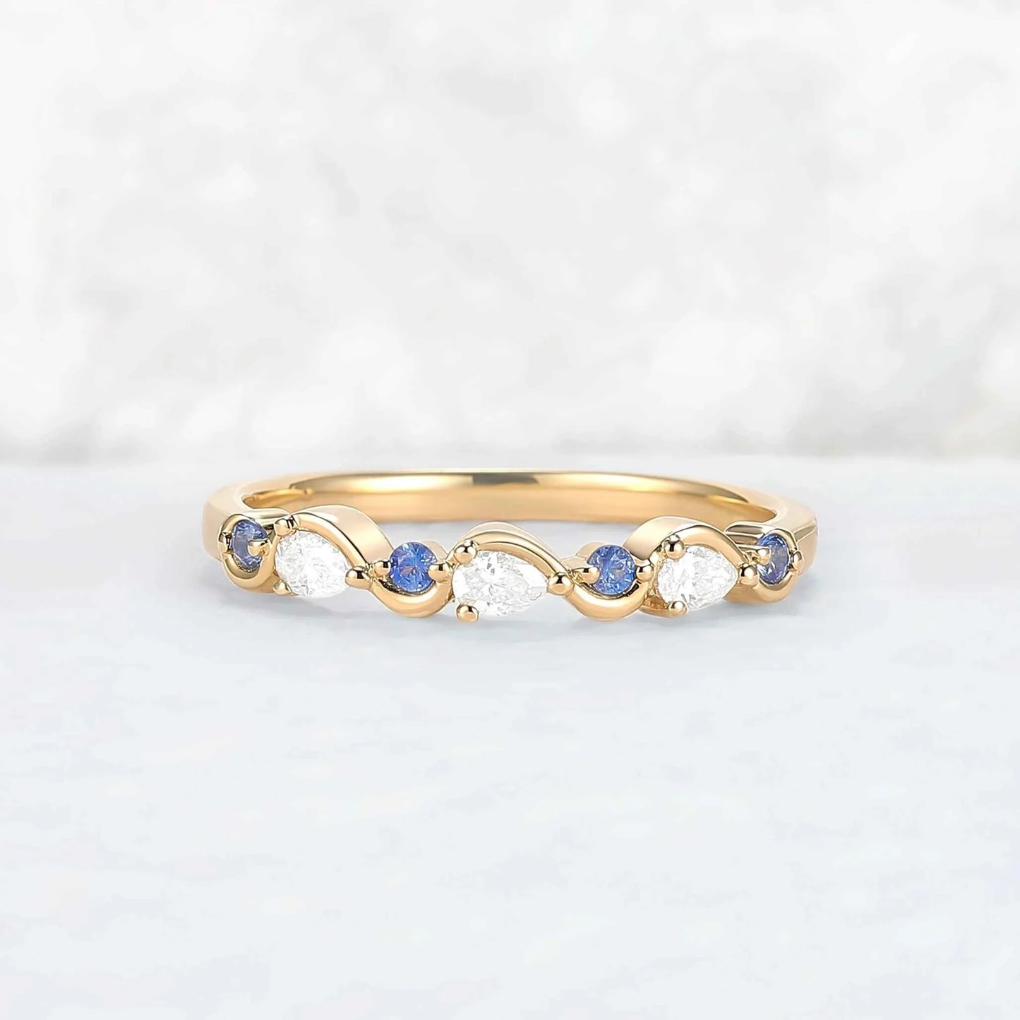 Straight Cornflower Sapphire and Moissanite Half Eternity Wedding Ring