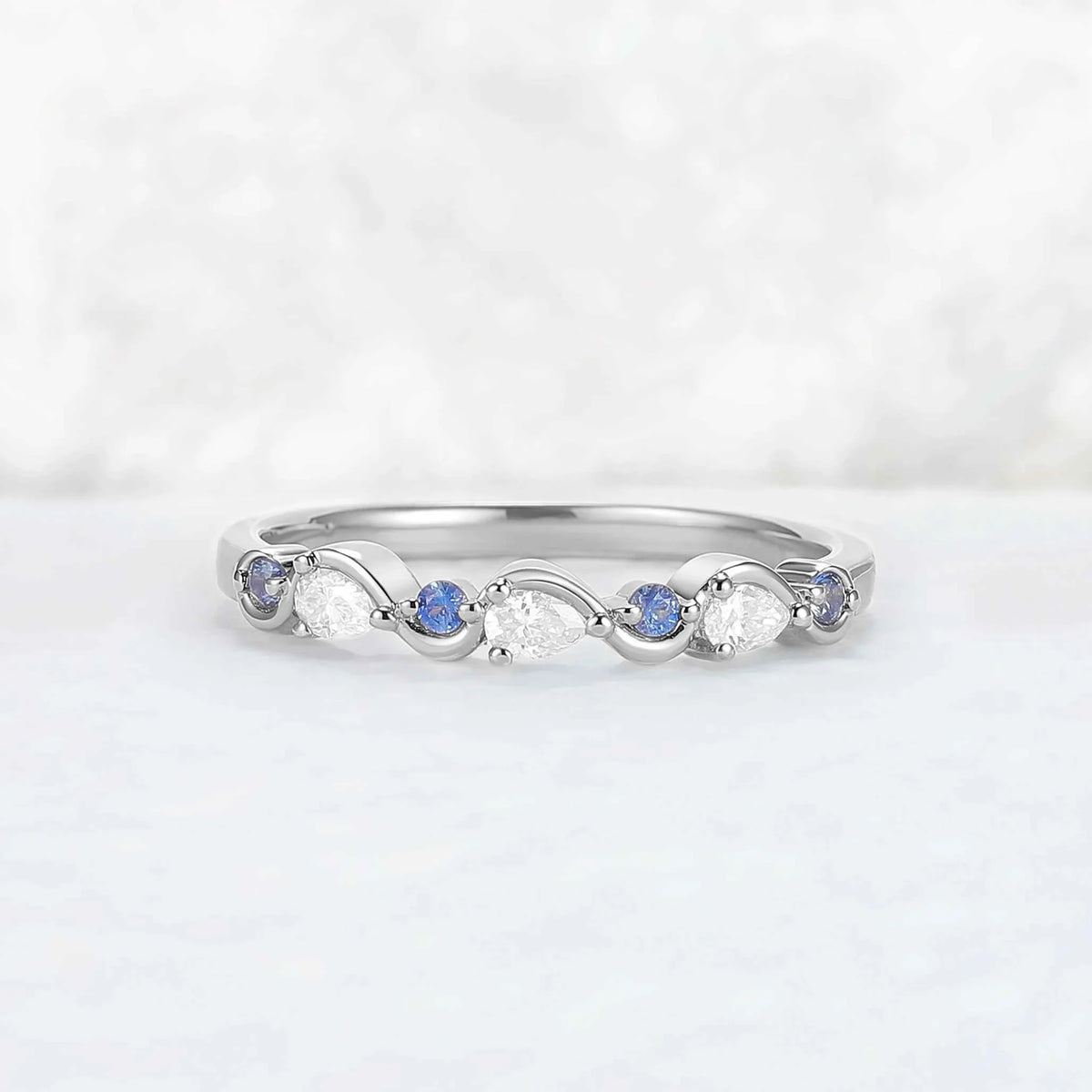 Straight Cornflower Sapphire and Moissanite Half Eternity Wedding Ring