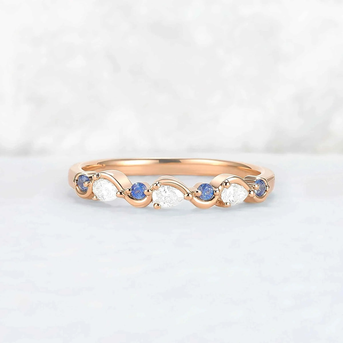Straight Cornflower Sapphire and Moissanite Half Eternity Wedding Ring