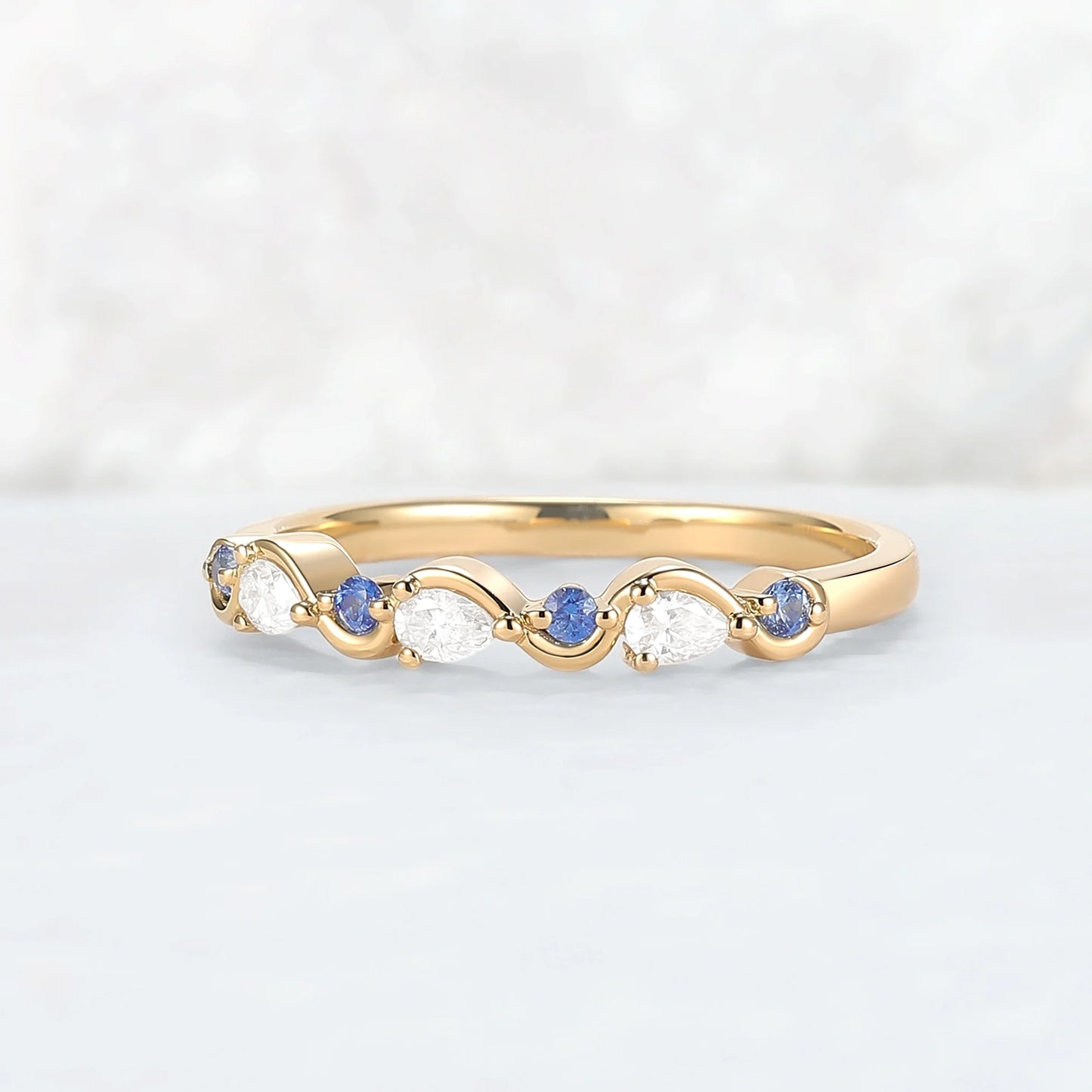 Straight Cornflower Sapphire and Moissanite Half Eternity Wedding Ring