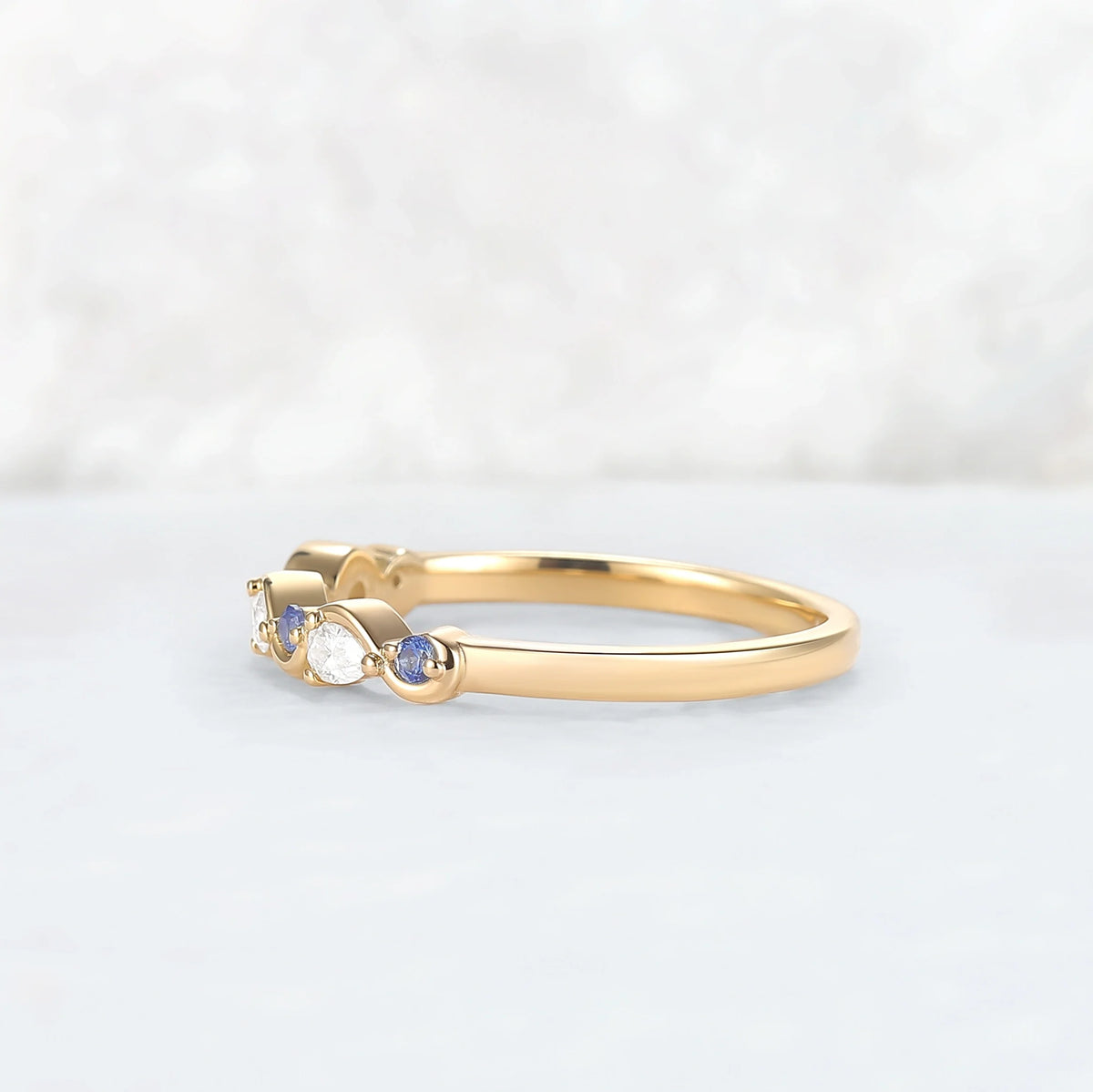 Straight Cornflower Sapphire and Moissanite Half Eternity Wedding Ring
