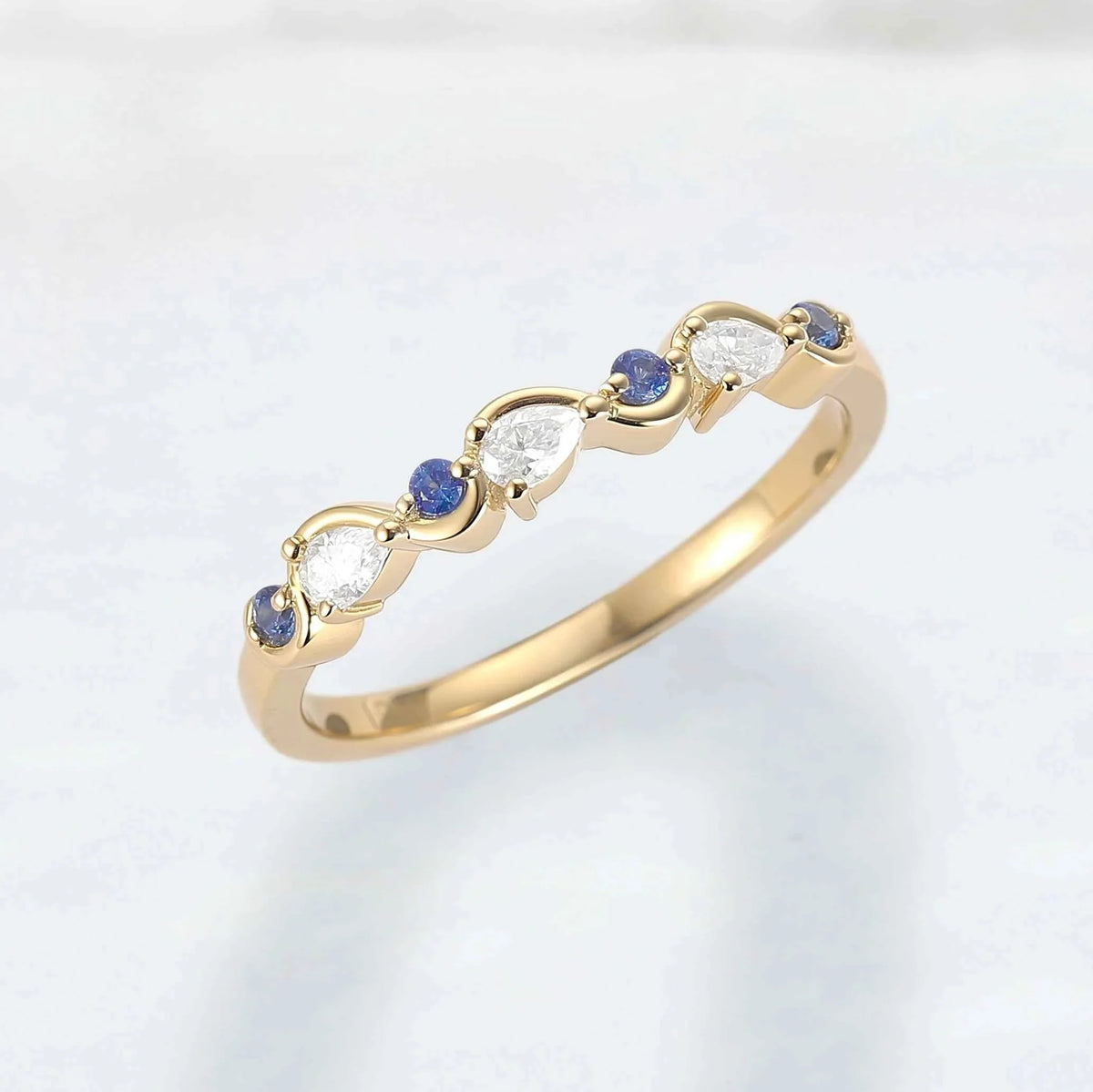 Straight Cornflower Sapphire and Moissanite Half Eternity Wedding Ring