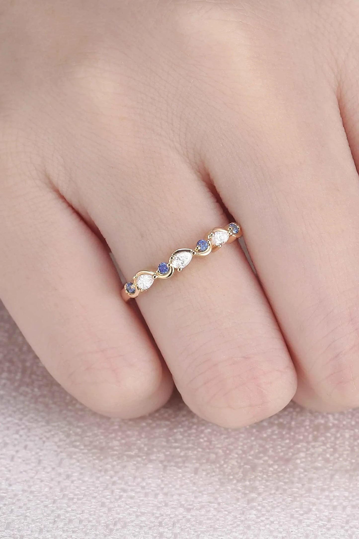 Straight Cornflower Sapphire and Moissanite Half Eternity Wedding Ring