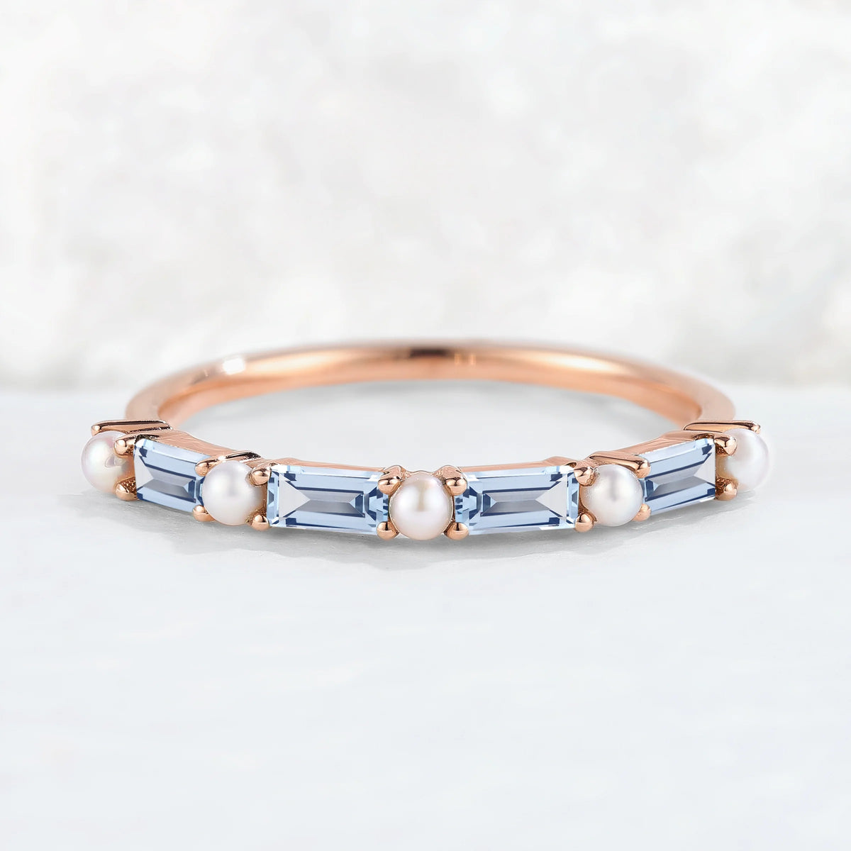 Straight Emerald Cut Aquamarine and Pearl Half Enternity Wedding Band