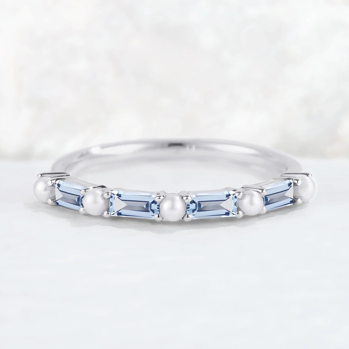 Straight Emerald Cut Aquamarine and Pearl Half Enternity Wedding Band