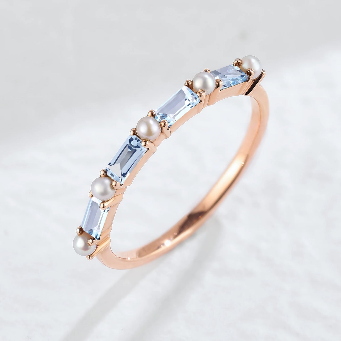 Straight Emerald Cut Aquamarine and Pearl Half Enternity Wedding Band