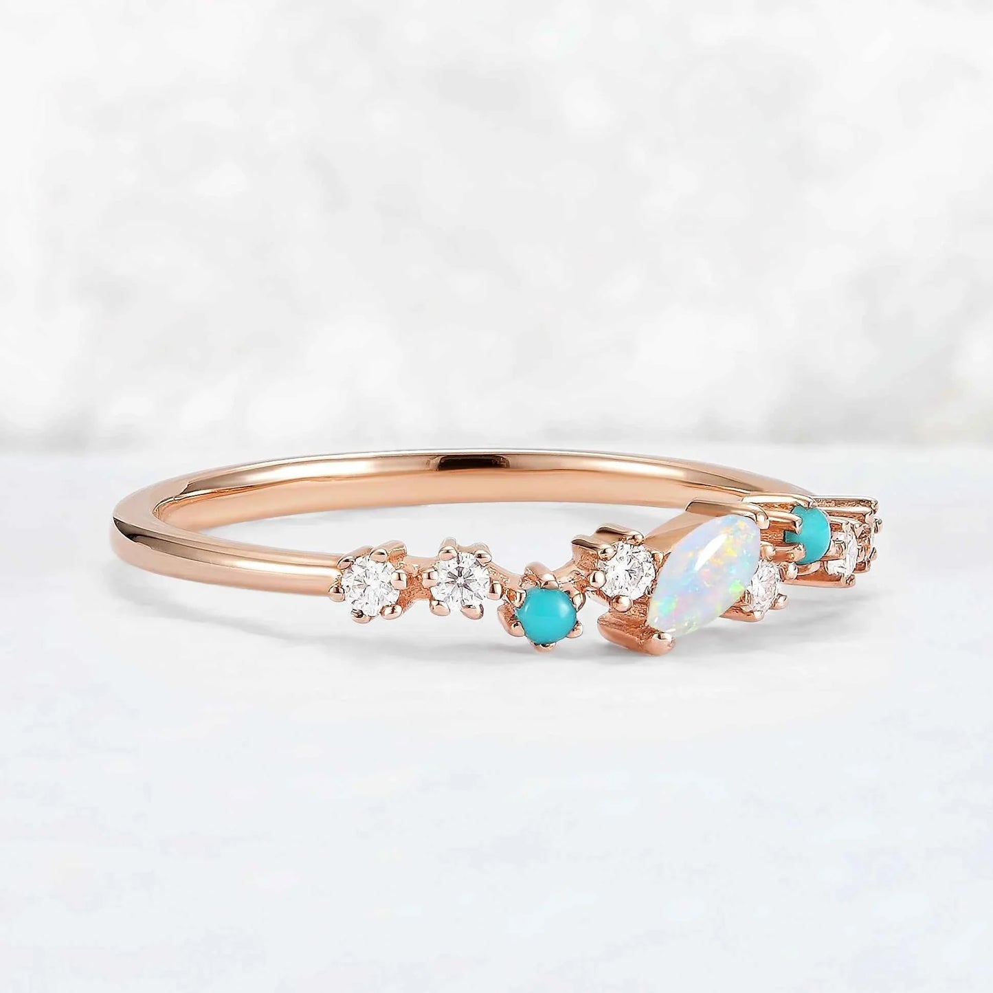 Straight Marquise Shaped Opal Half Enternity Stacking Ring