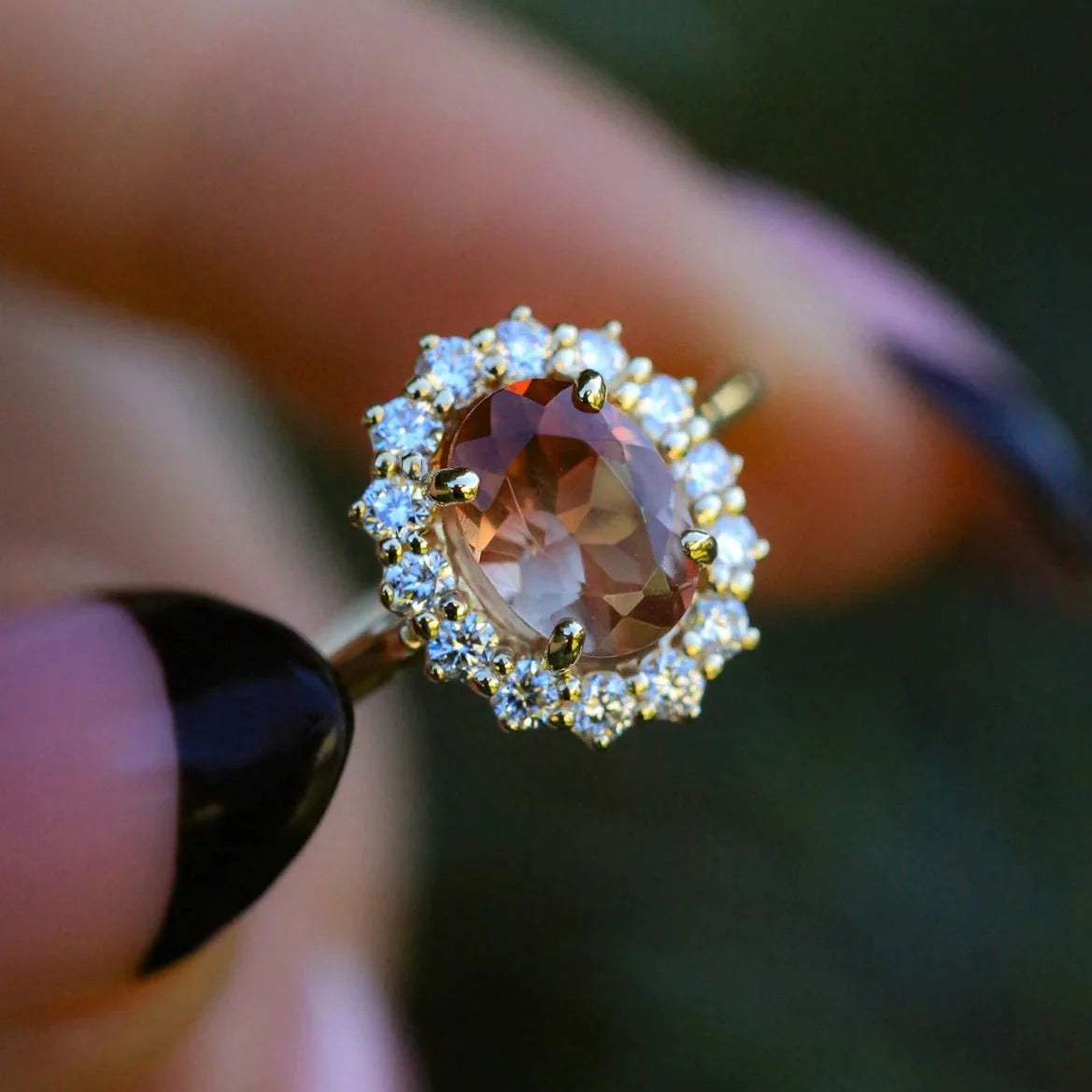 "Malina" - Oval Cut Oregon Sunstone Engagement Ring With Diamond Halo - 14K Yellow Gold - Size 6