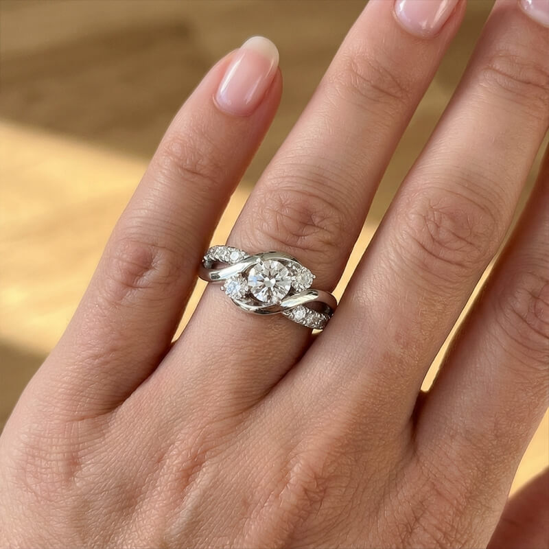 Swirl Three Stone Moissanite Twisted Pave Engagement Ring