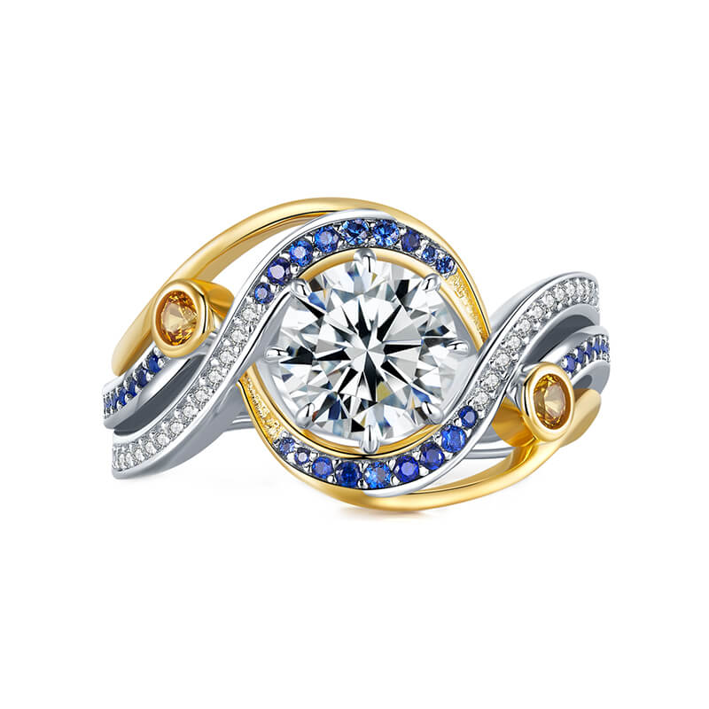 Swirl Bypass Moissanite Two-Tone with Sapphire Accents Engagement Ring