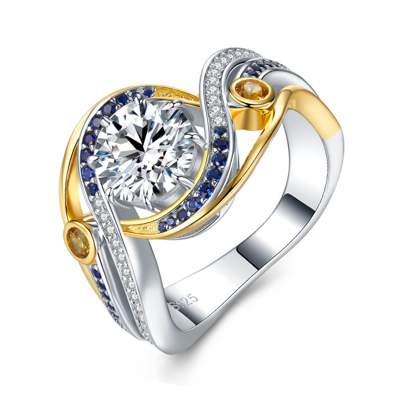 Swirl Bypass Moissanite Two-Tone with Sapphire Accents Engagement Ring