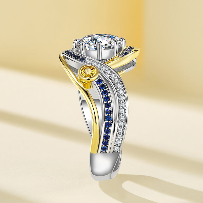 Swirl Bypass Moissanite Two-Tone with Sapphire Accents Engagement Ring