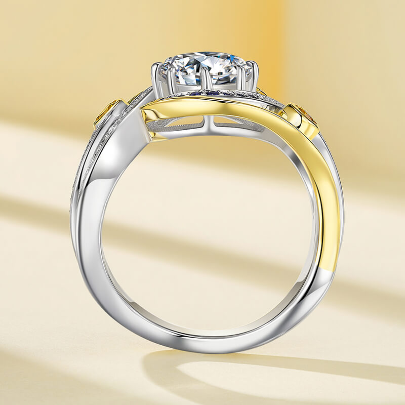 Swirl Bypass Moissanite Two-Tone with Sapphire Accents Engagement Ring