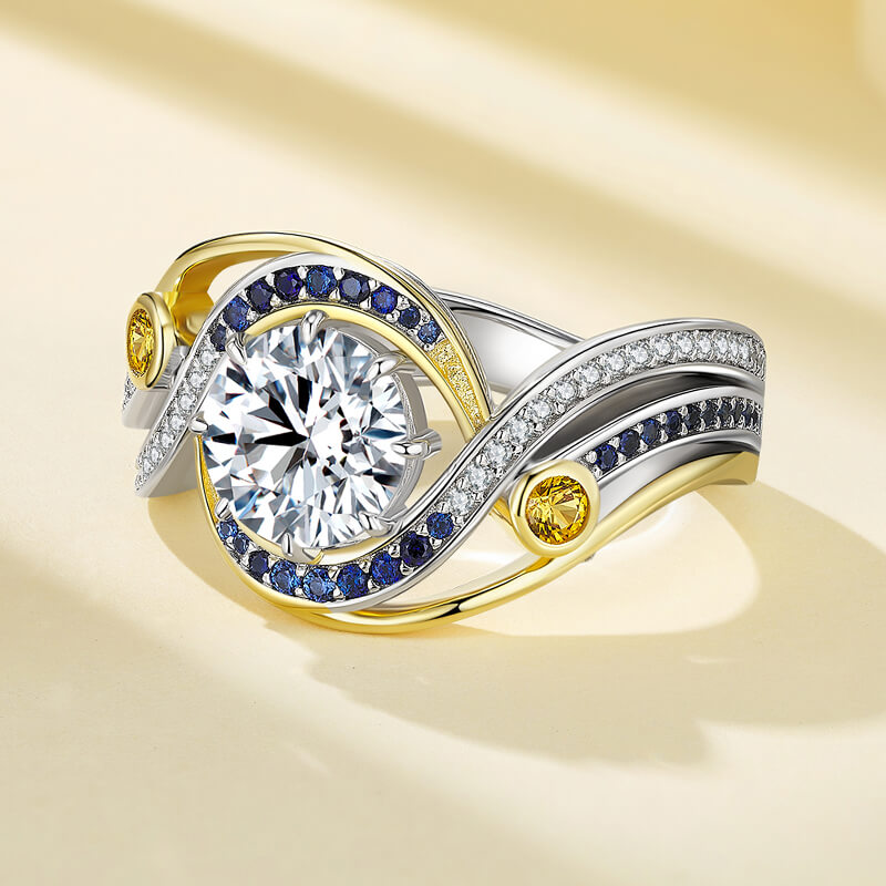Swirl Bypass Moissanite Two-Tone with Sapphire Accents Engagement Ring