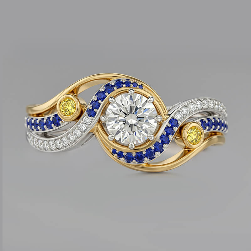 Swirl Bypass Moissanite Two-Tone with Sapphire Accents Engagement Ring
