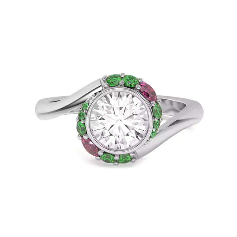 Swirl Round Moissanite Emeralds And Pink Oval Sapphire Halo Engagement Ring