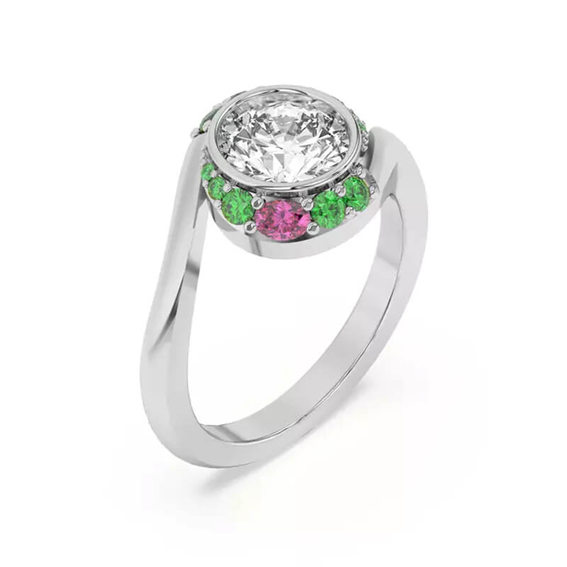 Swirl Round Moissanite Emeralds And Pink Oval Sapphire Halo Engagement Ring