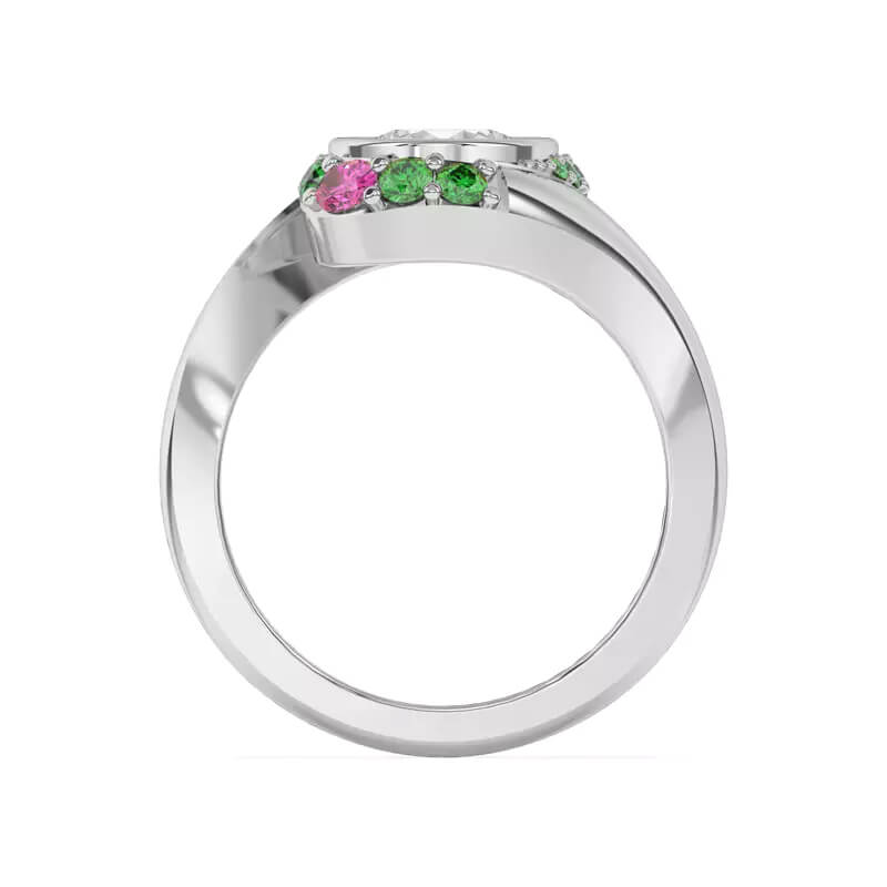 Swirl Round Moissanite Emeralds And Pink Oval Sapphire Halo Engagement Ring