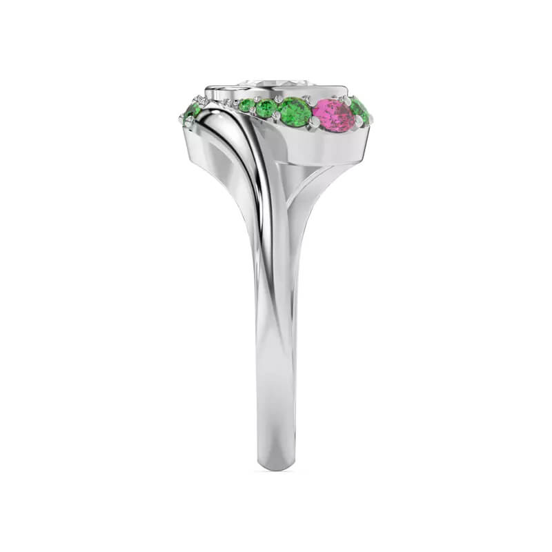 Swirl Round Moissanite Emeralds And Pink Oval Sapphire Halo Engagement Ring