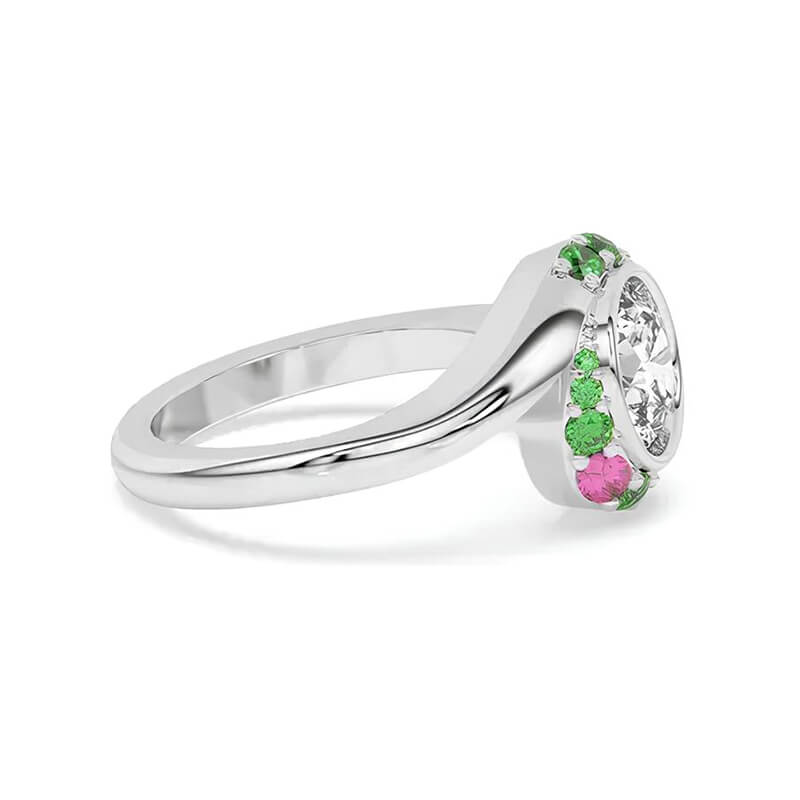 Swirl Round Moissanite Emeralds And Pink Oval Sapphire Halo Engagement Ring