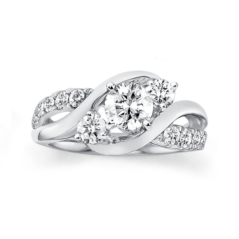 Swirl Three Stone Moissanite Twisted Pave Gold Engagement Ring