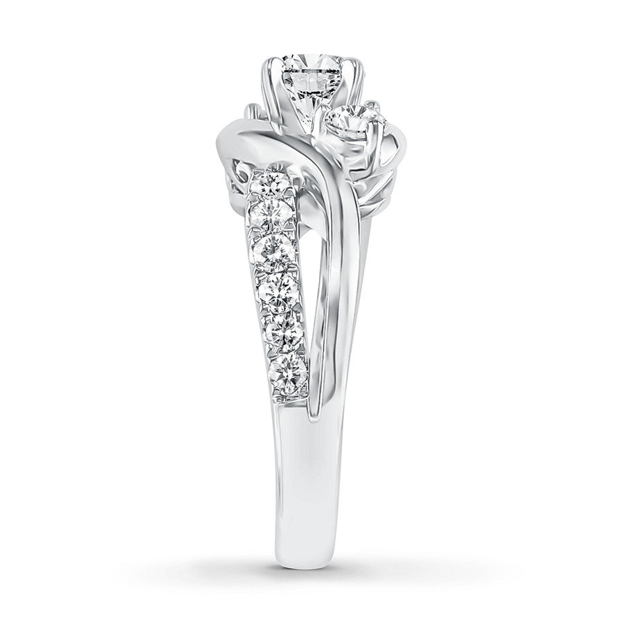 Swirl Three Stone Moissanite Twisted Pave Gold Engagement Ring