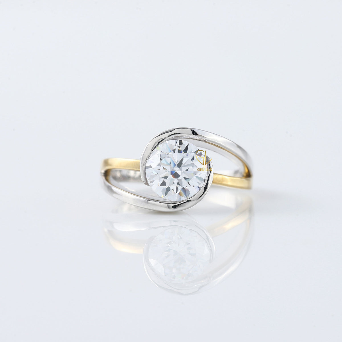 Swirl Bypass Round Moissanite Two Tone Solitaire Engagement Ring