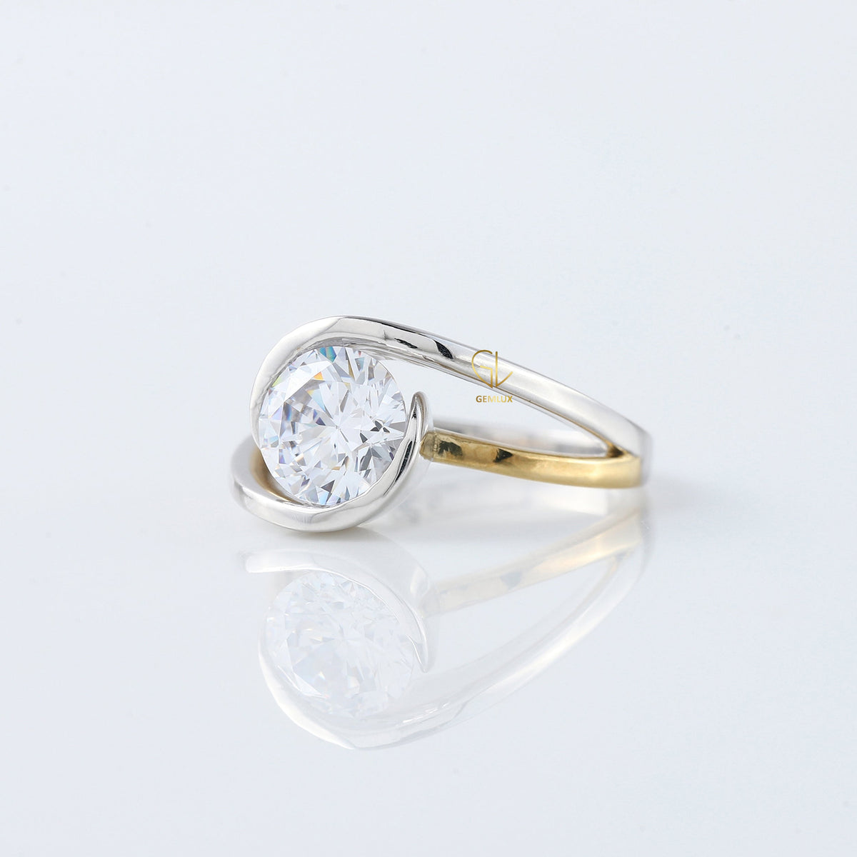 Swirl Bypass Round Moissanite Two Tone Solitaire Engagement Ring