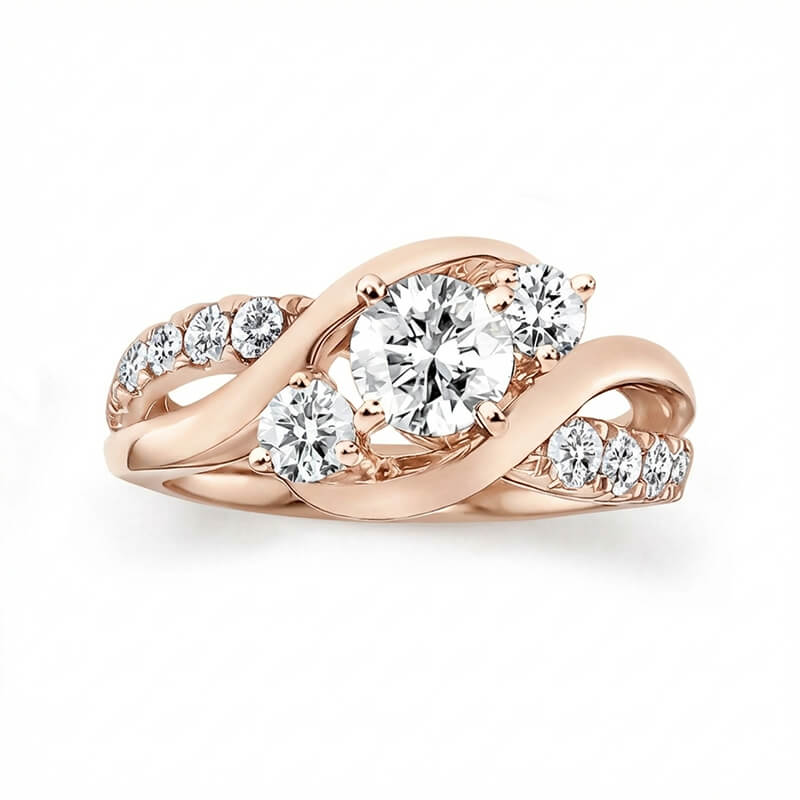 Swirl Three Stone Moissanite Twisted Pave Gold Engagement Ring
