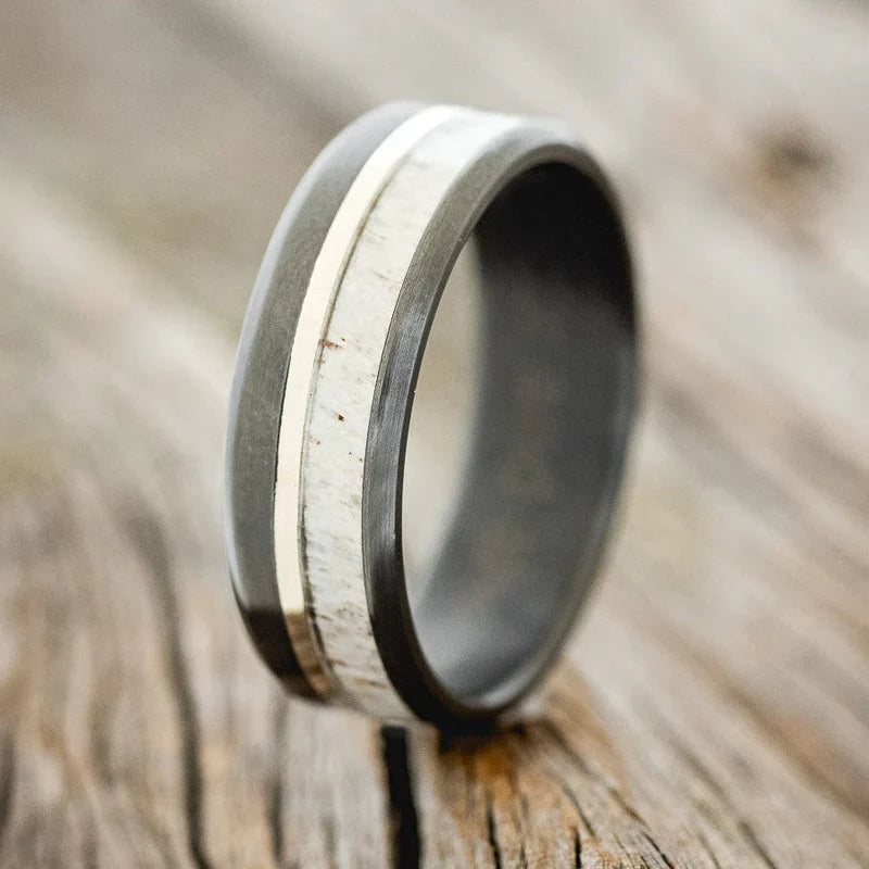 "Tanner" - Antler & 14K White Gold Inlay Wedding Ring - Black Zirconium (8mm) - Size 10 3/4