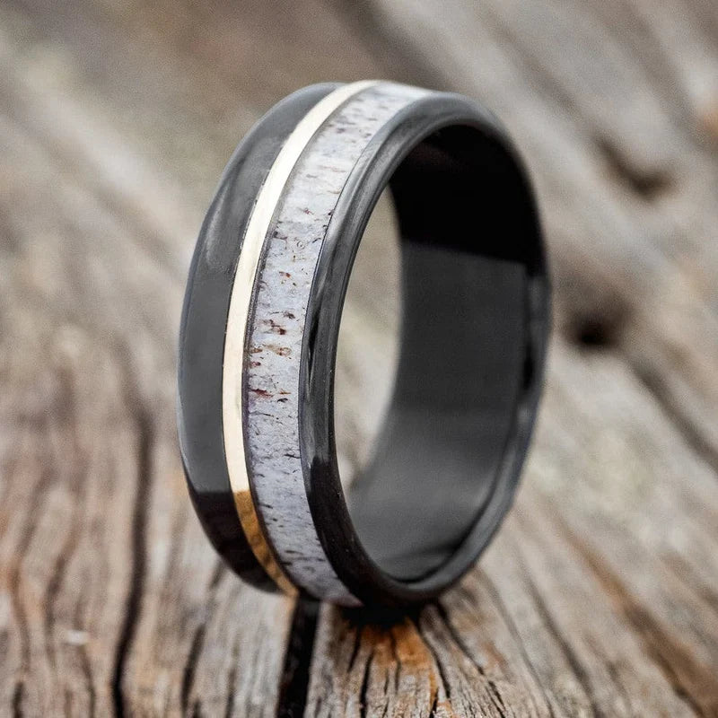 "Tanner" - Antler & 14K Yellow Gold Inlay Wedding Ring With A Polished Finish - Black Zirconium (8mm) - Size 9