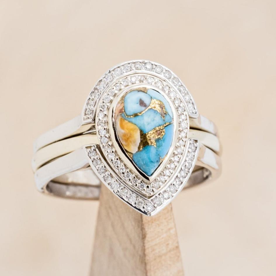 "Terra" Bridal Suite - Pear Cabochon Cut Spiny Oyster Turquoise Engagement Ring With Diamond Halo & Tracers