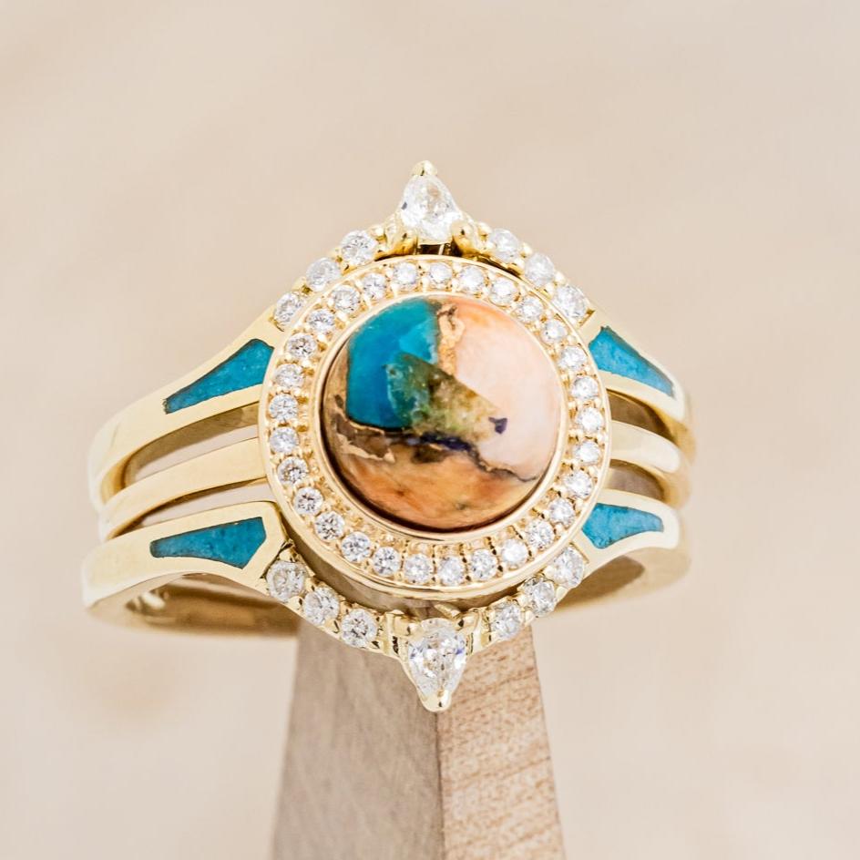 "Terra" - Bridal Suite - Round Cabochon Cut Turquoise Engagement Ring With Diamond Halo & Sama Tracers