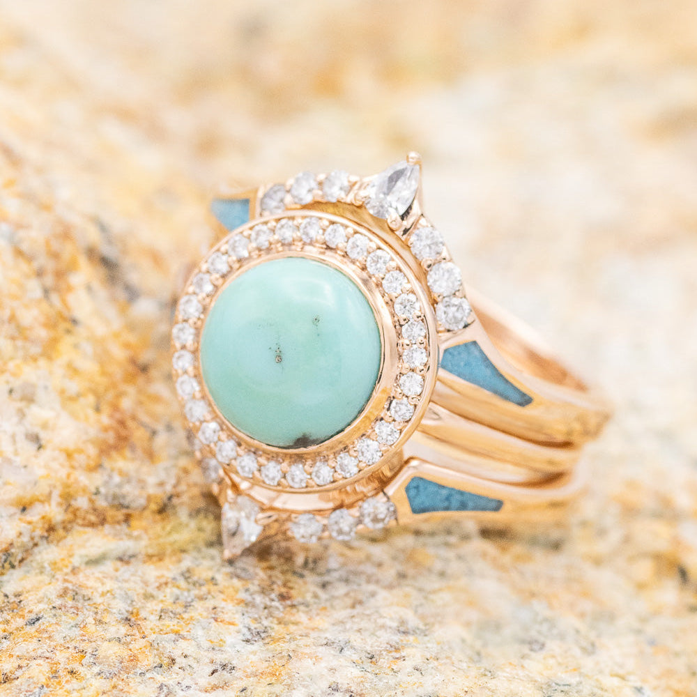 "Terra" - Bridal Suite - Round Cabochon Cut Turquoise Engagement Ring With Diamond Halo & Sama Tracers