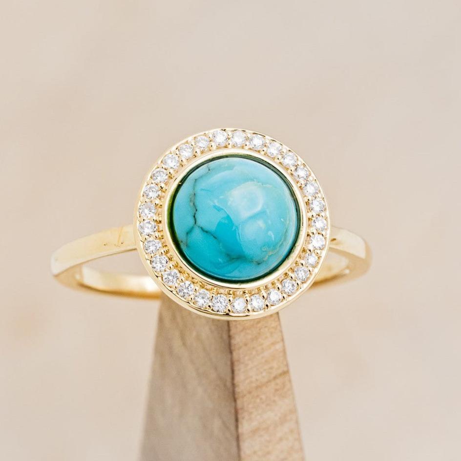 "Terra" - Bridal Suite - Round Cabochon Cut Turquoise Engagement Ring With Diamond Halo & Sama Tracers