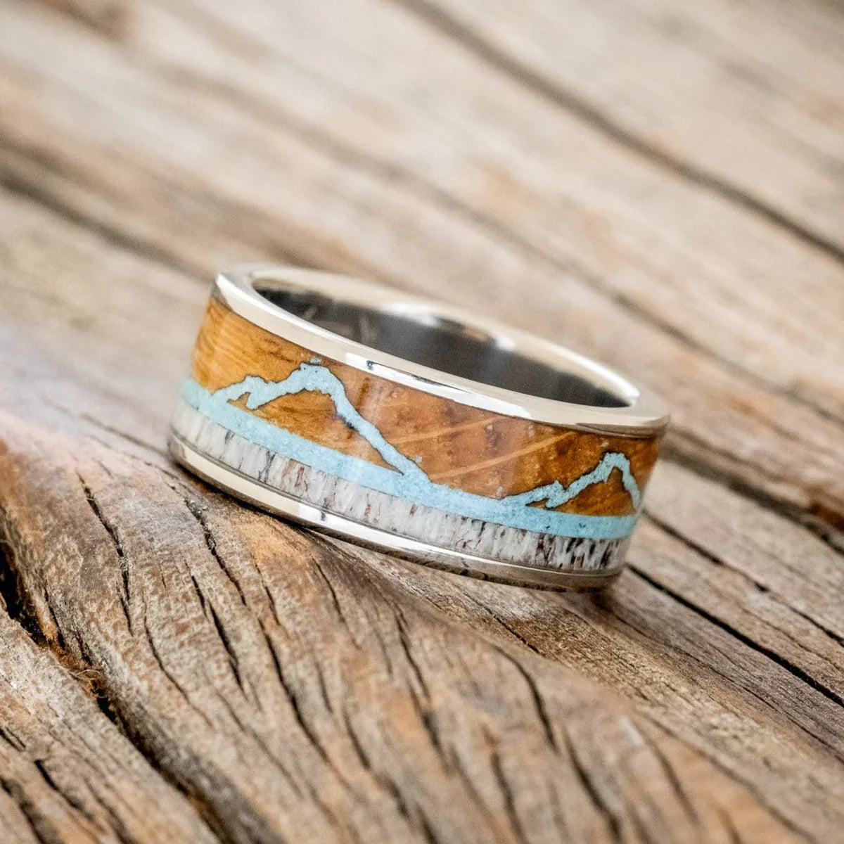 "The Expedition" - Mountain Engraved Wedding Ring With Whiskey Barrel Oak, Turquoise & Antler - Titanium (8mm) - Size 11 3/4