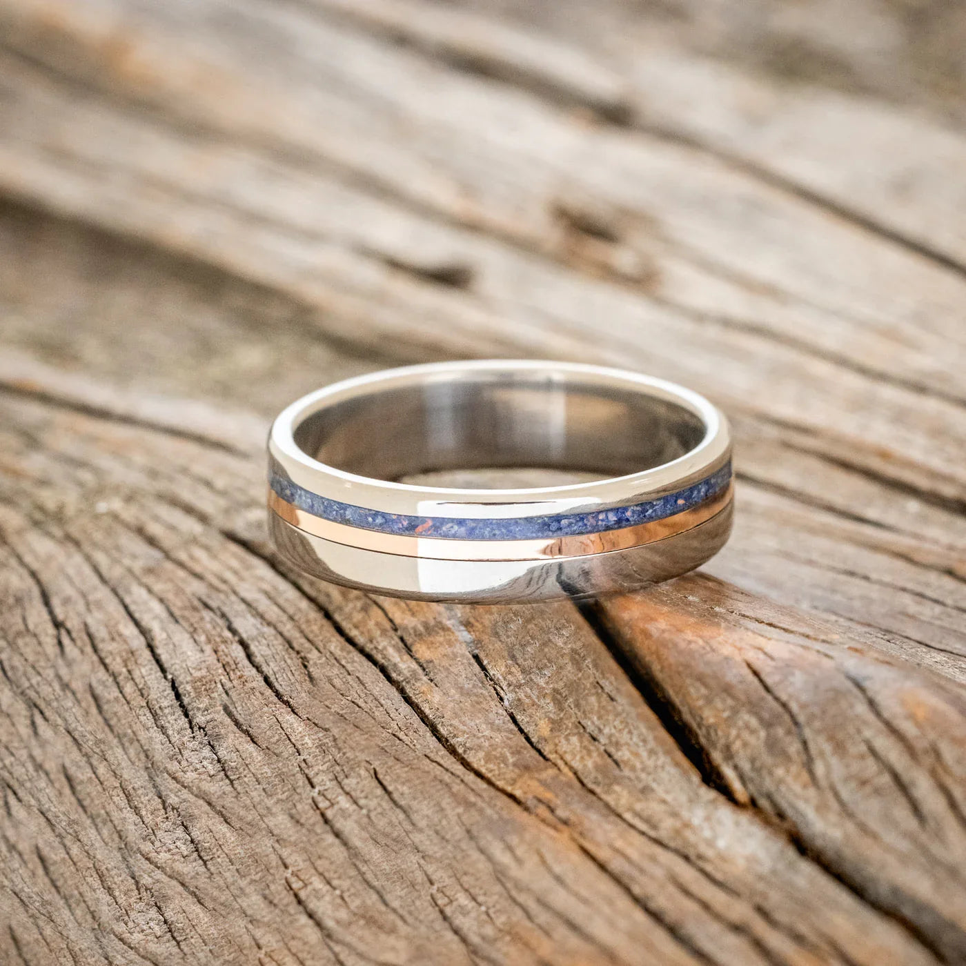 "Castor" - Lapis Lazuli & A 14K Rose Gold Inlay Wedding Ring - Titanium (6mm) - Size 8 1/2