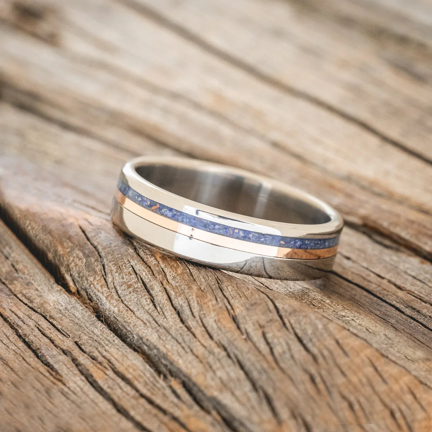 "Castor" - Lapis Lazuli & A 14K Rose Gold Inlay Wedding Ring - Titanium (6mm) - Size 8 1/2