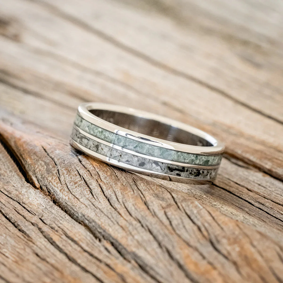"Dyad" - Moss Agate & Moonstone Wedding Band - Titanium (6mm) - Size 9