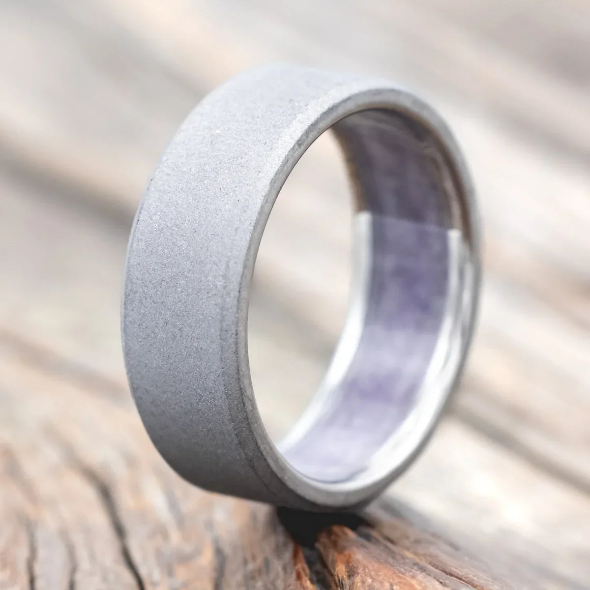 "Hyperion" - Crushed Amethyst Lined Wedding Band With A Sandblasted Finish - Titanium (8mm) - Size 7 1/2
